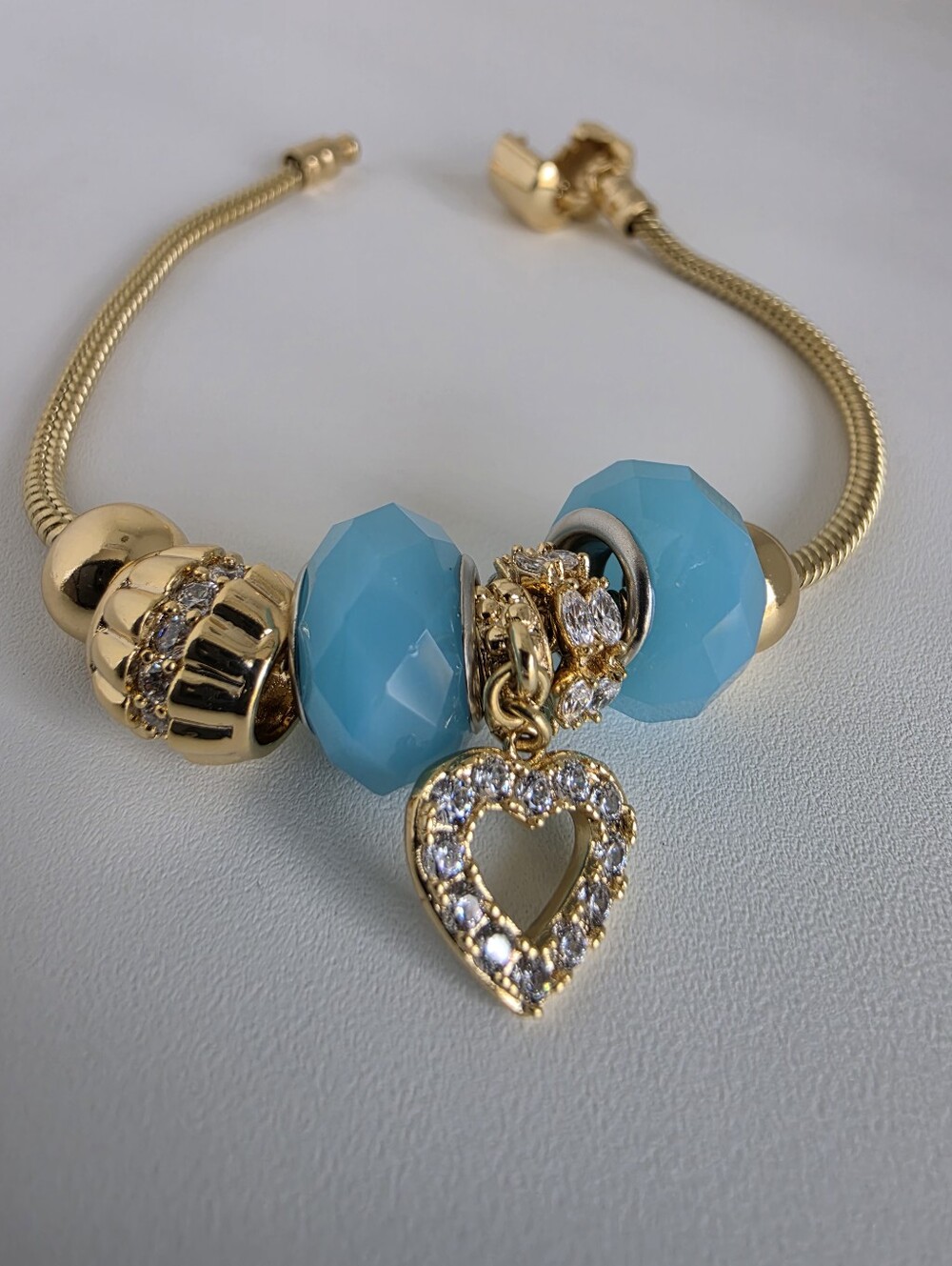 Gold Plated Blue Beaded Heart Charm Bracelet 7"